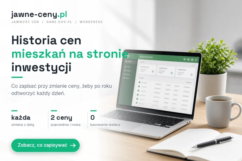 Historia cen mieszkań na stronie inwestycji, okładka artykułu z logo jawne-ceny.pl