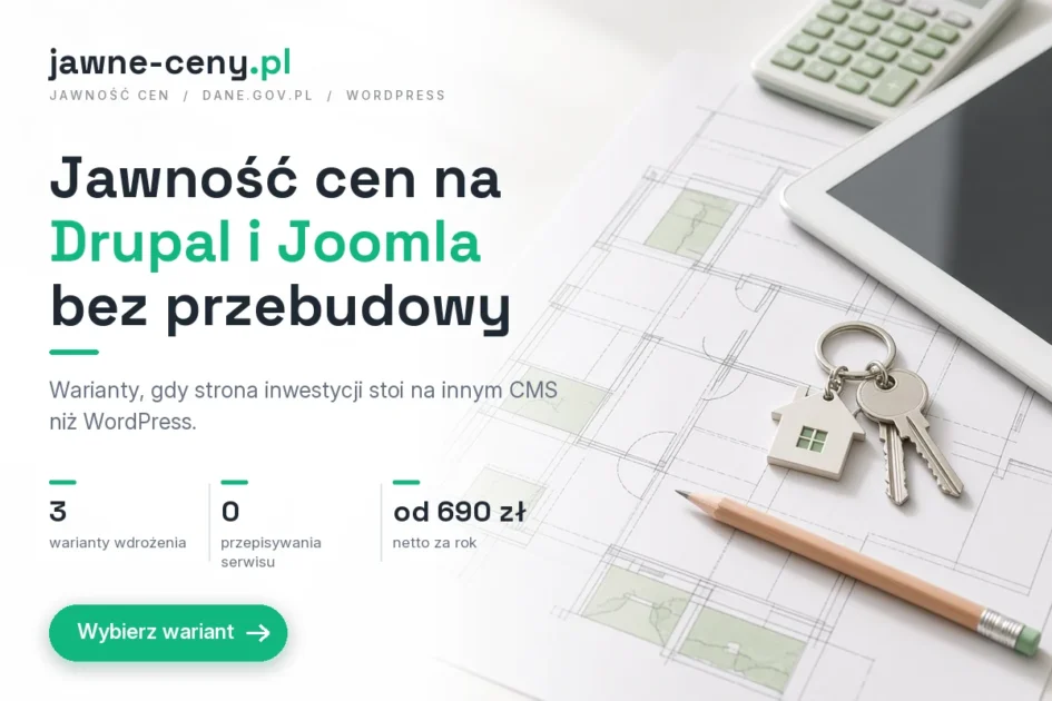 Jawność cen na Drupal i Joomla, okładka artykułu z logo jawne-ceny.pl
