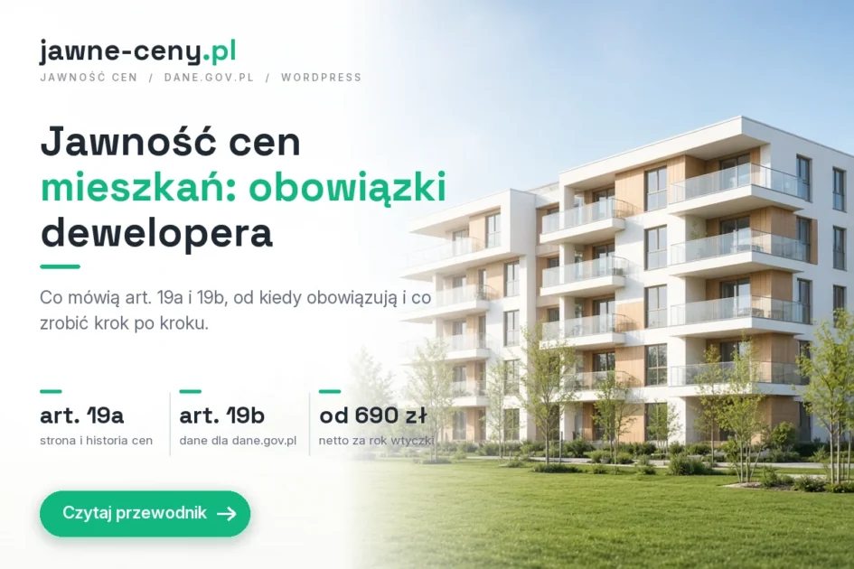 Jawność cen mieszkań: obowiązki dewelopera, okładka artykułu z logo jawne-ceny.pl
