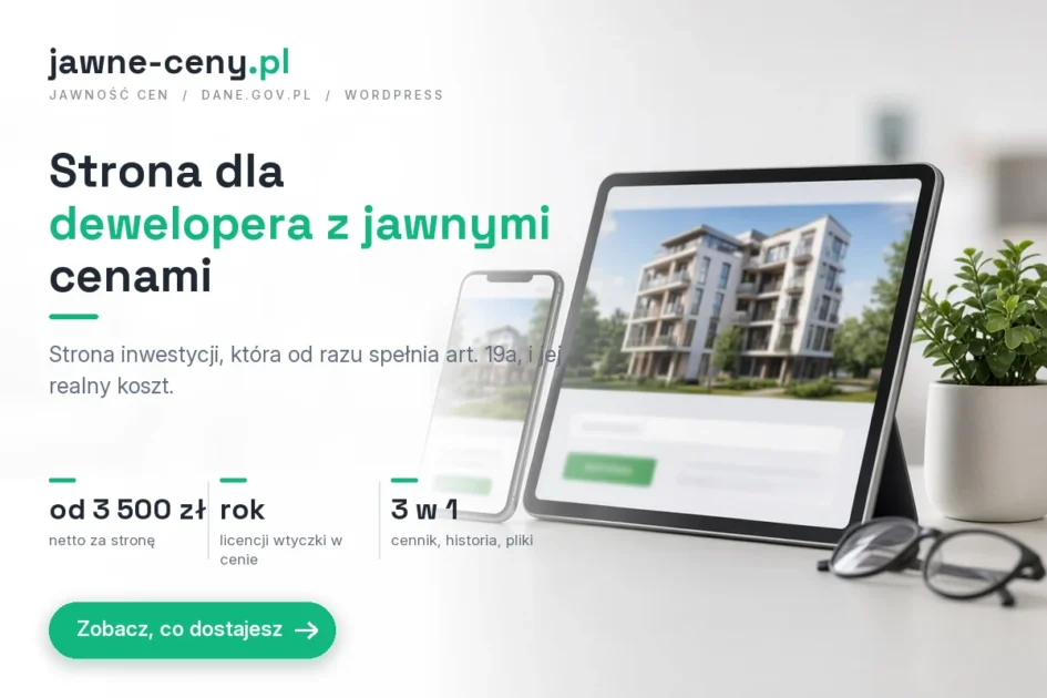 Strona internetowa dla dewelopera z jawnymi cenami, okładka artykułu z logo jawne-ceny.pl